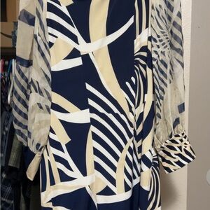Analili Navy, Cream & White Abstract Sheer-Sleeve Dress